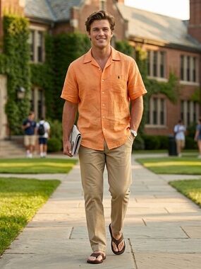 Polo Ralph Lauren Camp Shirt Orange XXL Linen Blend Hook Loop Old Money Preppy